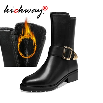 

Women Genuine Leather Winter Snow Boots Warm Half Boots Women Round Toe Med Heel Mid Calf Zipper Boots Ladies Black Size 34-40