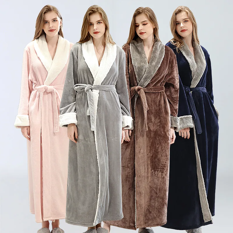 

Men Winter Plus Size Long Cozy Flannel Bathrobe Kimono Warm Coral Fleece Bath Robe Night Fur Robes Dressing Gown Women Sleepwear
