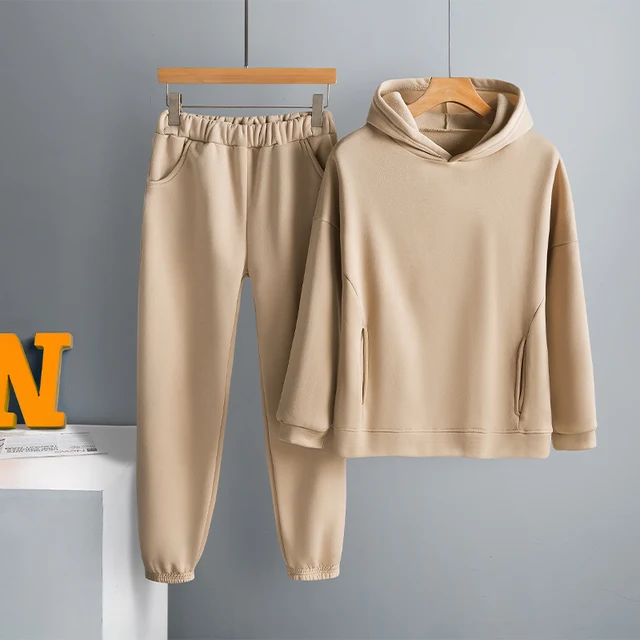 Two Piece Set Casual Fleece Tracksuit Women Winter 2021 Women's Sets Oversized Hooded Long Sleeve Hoodie Sport Pants Lady Suit 01 Apricot