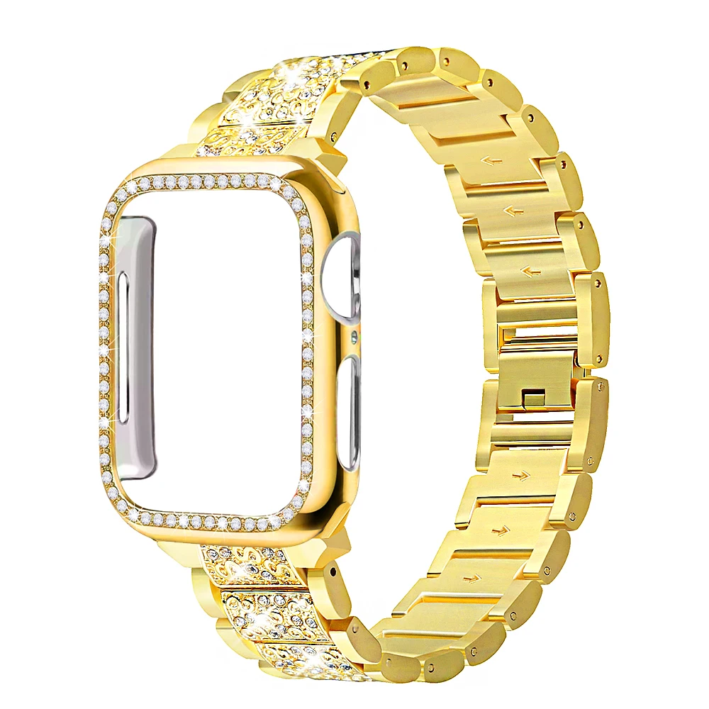 Gold Ремешок+ чехол, металлический ремешок для Apple Watch Series 5, ремешок 40 мм, 44 мм, бриллиантовое кольцо 38 мм, 42 мм, браслет из нержавеющей стали iwatch 4/3/2/1 - Цвет ремешка: Gold