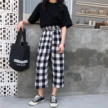 

Tops Shirts Pants Women Sets Short Sleeve Solid Black Tshirts Plaid Ankle length Pants Sets Causal Female Clothes Party Sets New