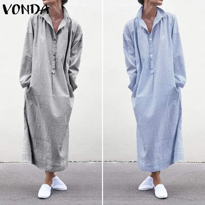 VONDA/свободное платье-рубашка, хлопковое длинное платье макси на пуговицах, повседневные женские вечерние платья, халат для беременных, женский пляжный Сарафан