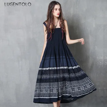

Lugentolo Long Dress Women Summer New Sling Embroidery Pleated Big Swing Casual Fashion Womens Dress