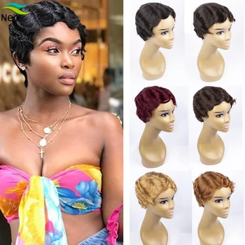 

Cheap Wigs Pixie Cut Wigs Non Remy Machine Made Finger Wave Short Human Hair Wigs for Black Women #1B #2 #4 #30 #27 #99j