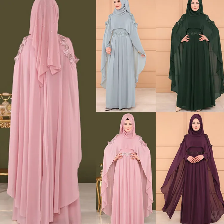 

Arab Dubai Folk Custom Lace Dress Fashion Printing Long Sleeve Cloak Big Swing Splice Chiffon Plus Size Dresses S-3XL