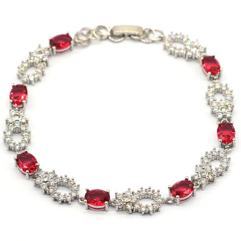 

8x6mm Pretty Created Pink Raspberry Rhodolite Garnet CZ Party Silver Bracelet 8.5-9.5inch Wholesale Drop Shipping