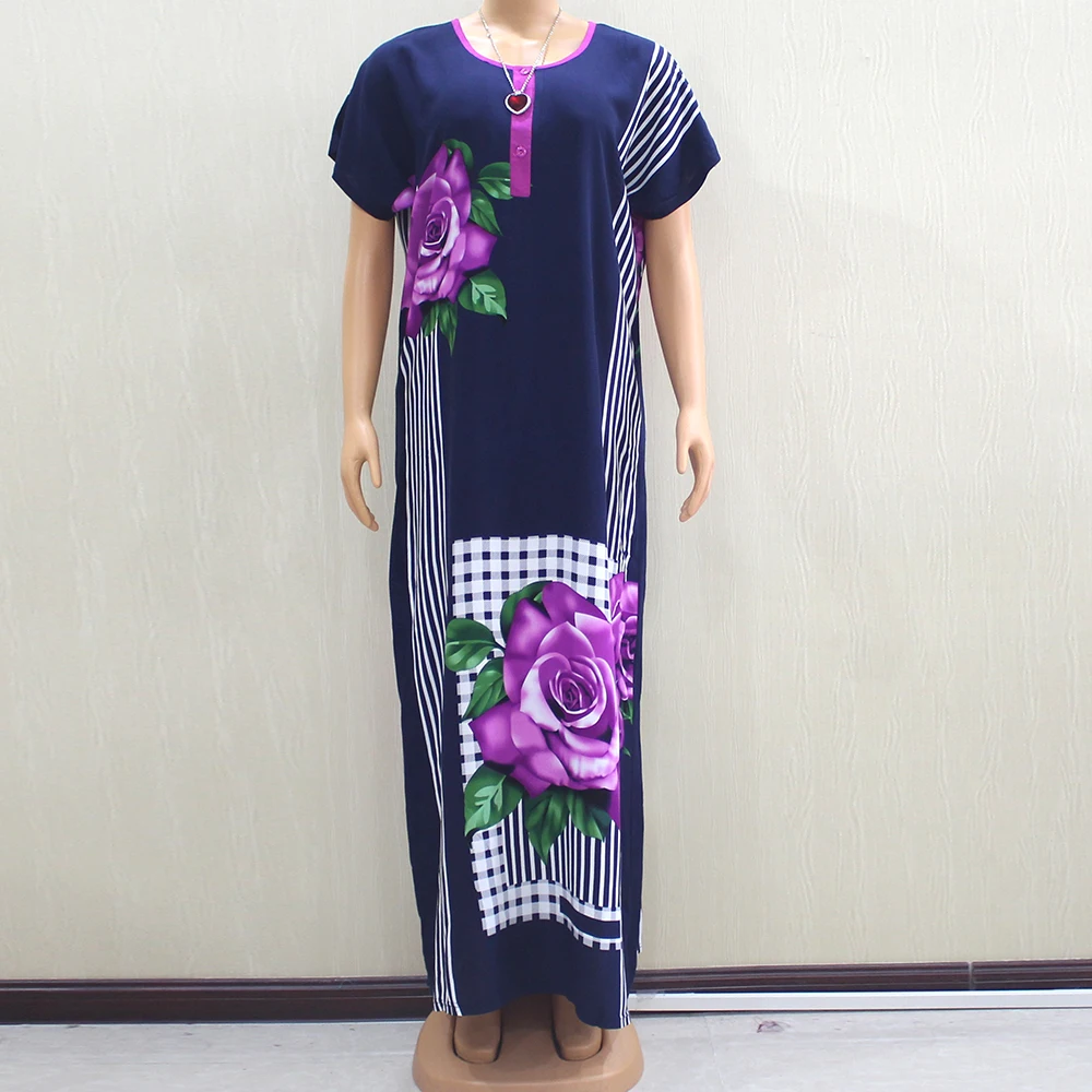 

2019 africain femme Dashikiage Loose Casual Fashion O-Neck Fuchsia Color Rose Printed Short Sleeve Autumn Long Dresses
