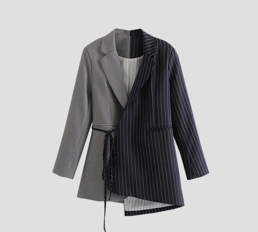 

Gs29 Autumn Clothing New Style Women's Sense of Design Joint Contrast Color Lace-up Wrap-Style Long Sleeve Suit Women's Irregula