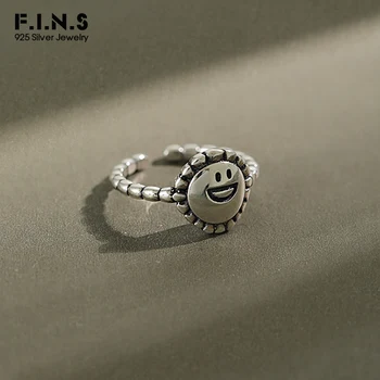 

F.I.N.S Korean S925 Sterling Silver Smiley Ring INS Retro Old Smile Sunflower Opening Female Ring Silver 925 Ring for Decoration