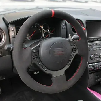 

For Nissan GTR 2008-2015 Black Suede Leather Red Mark Steering Wheel Stitch on Wrap Cover