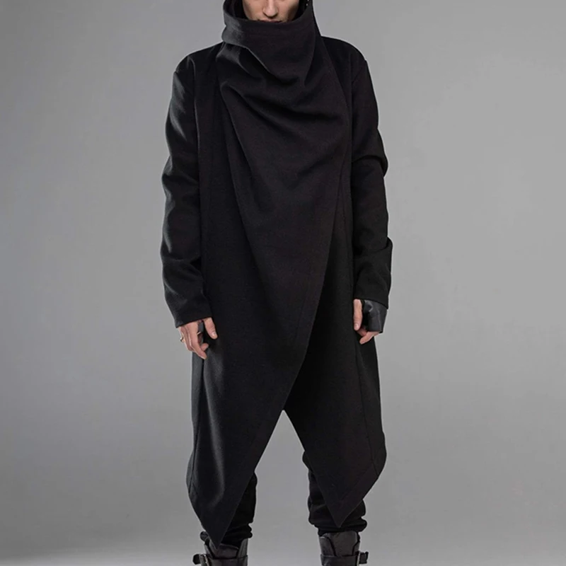 Men Long Sleeve Solid Color Scarf High Collar Trench Jackets Street Trend Style Baggy Warm Outerwear