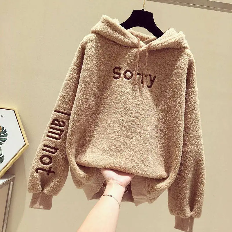 Teddy Coat Imitation Wool Sweatshirt Women 20199 Autumn& Winter Loose Hooded Pullover Women Jacket Sweat Capuche Plus Big Size