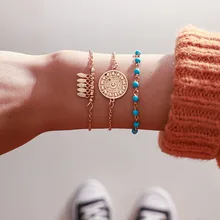 Простой винтажный персональный диск Тотем женский золотой браслет модные синие бусы листья юбилей банкет ювелирные изделия из трех частей