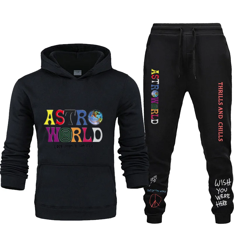 Мужской модный Повседневный Спортивный костюм Трэвиса Скотта Astroworld, Толстовка и спортивные штаны, комплект из двух предметов, толстовка с капюшоном, спортивный костюм, новинка, толстовки с капюшоном
