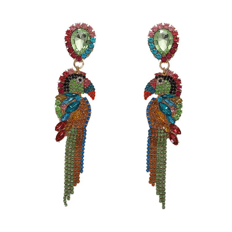 Длинные цветные стразы в форме попугая, Кристальные серьги с кисточками для женщин, большие богемные блестящие висячие серьги 3C3008