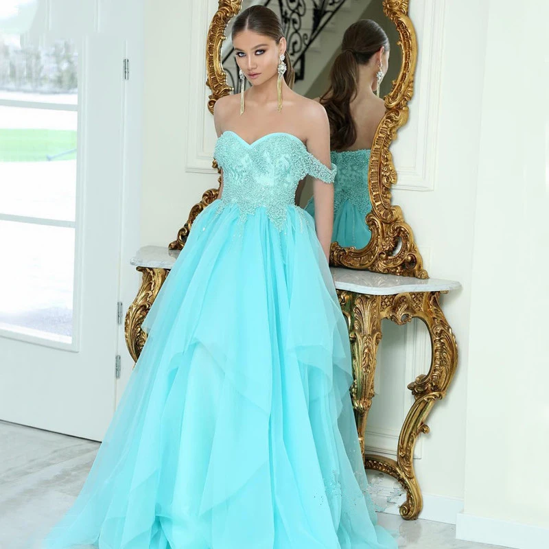 

Verngo A Line Beading Evening Dress Blue Tulle Formal Dress Elegant Party Dress Off The Shoulder Prom Gown Vestidos De Festa