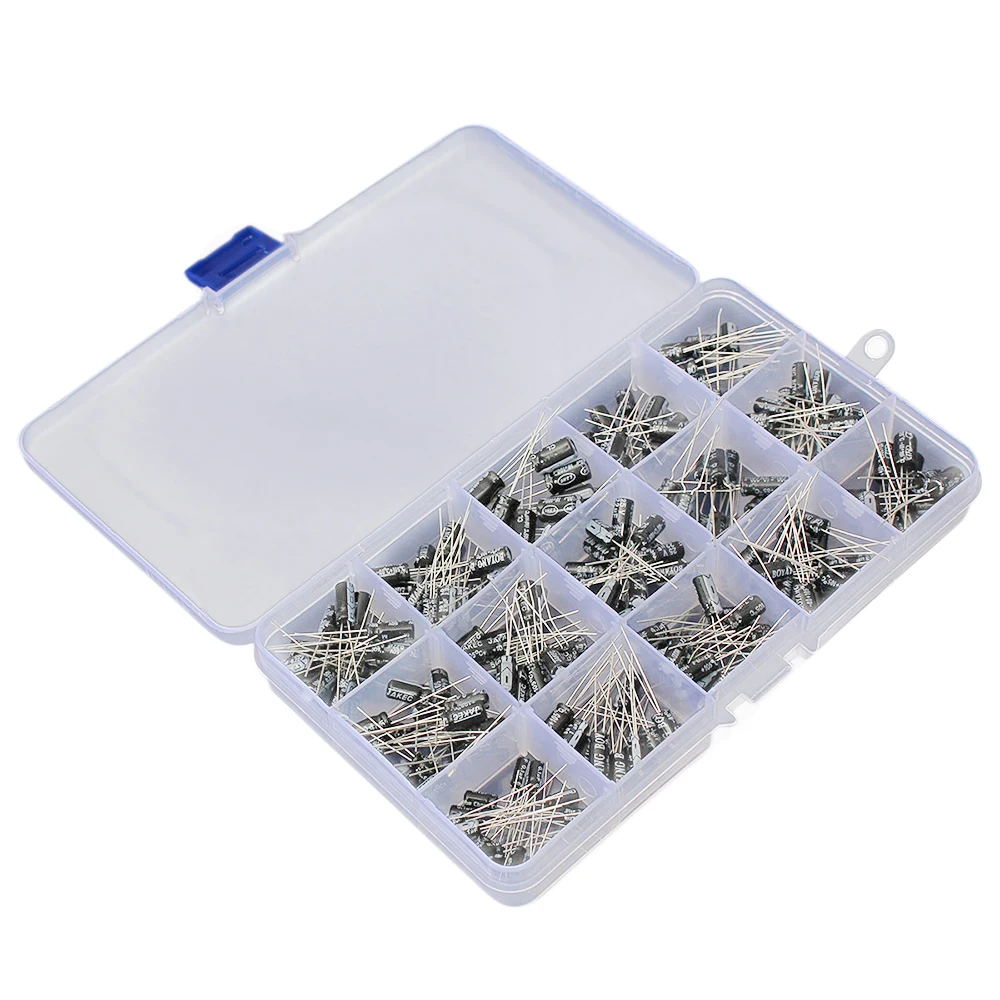 

200Pcs 15 Value 0.1-220uF Metal Electrolytic Capacitor Storage Assortment Box Case Kit