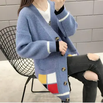 

2019 Women Autumn Knitted Elasticity Sweater Contrast Color Pockets Loose Outerwear V-Neck Single Breasted Long Knitwear