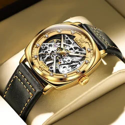 OLEVS reloj mecánico automático para hombre, cronógrafo deportivo con correa de cuero, resistente al agua, diseño de esqueleto, 2022