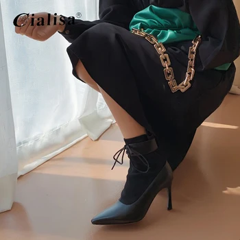 

CIALISA Women Shoes Pointed Toe Lace Up Patchwork Autumn Winter High Heel Boot 2020 New Design Genuine Leather Ankle Boots