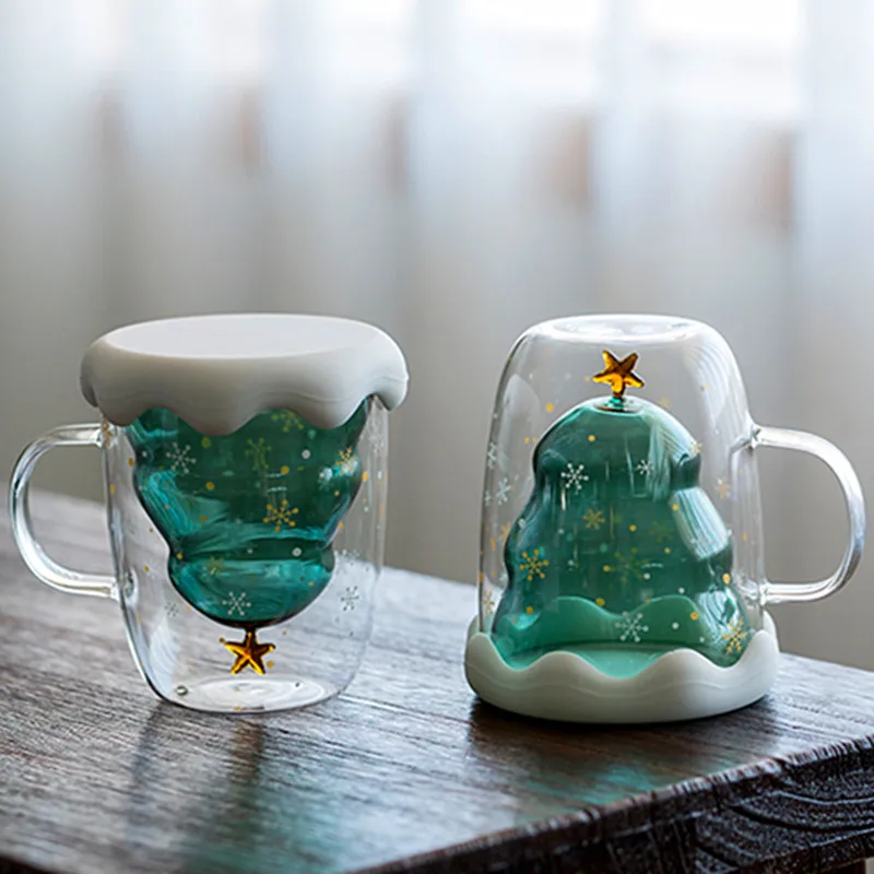 Cute Christmas Tree Mug Double Wall Glass Coffee Cups with Silocone Lid Snowflake Star Xmas Gift Wine Tea Milk Water Tumbler