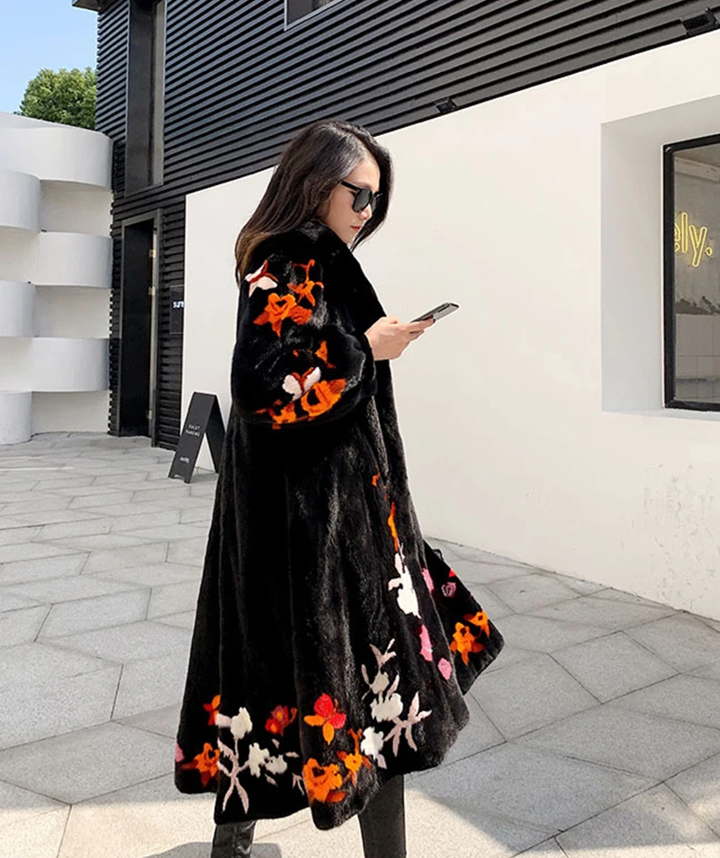 Ftangaiur Winter Import Velvet Mink Fur Coat Print Turn-Down Collar Mink Coat Women's X-Long Natural Real Mink Fur Coats