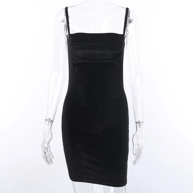 WannaThis Black Velvet Spaghetti Strap Dress Front Ruched Mini Skinny Sleeveless Off Shoulder Women Fashion Elegant  Party Dress 4