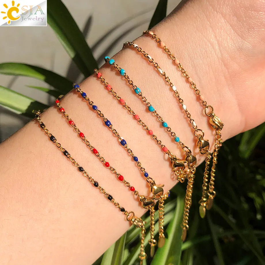 Stainless Steel Bracelets for Women Gold Color Link Chain Enamel Beaded