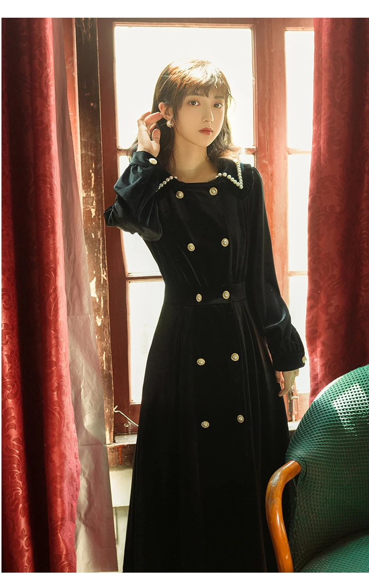 Новинка, весеннее бархатное платье для женщин, черные однотонные винтажные элегантные платья с жемчужными пуговицами, женские платья на осень и зиму
