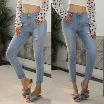 

2019 New Sexy Womens jeans donna femme Stretchy Ripped Jeans Skinny Distressed Frayed Casual Denim Trouser Pants Clothes #C8