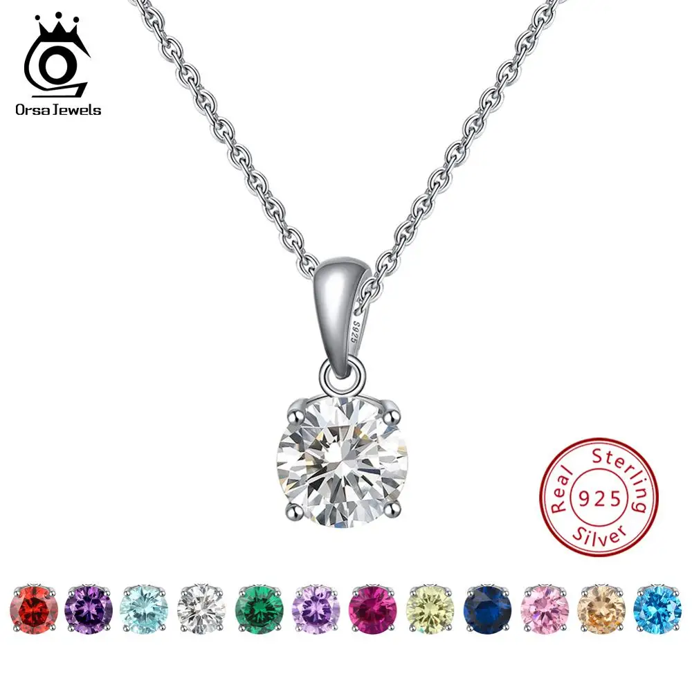 ORSA JEWELS 925 пробы Серебряное ожерелье с подвеской для женщин 12 цветов месяц счастливый камень AAA циркон ожерелье ювелирные изделия OSN118