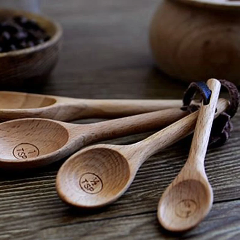 4 pcs/set spoon salt baking sauce spoon wood kitchen coffee seasoning utensil measuring tool