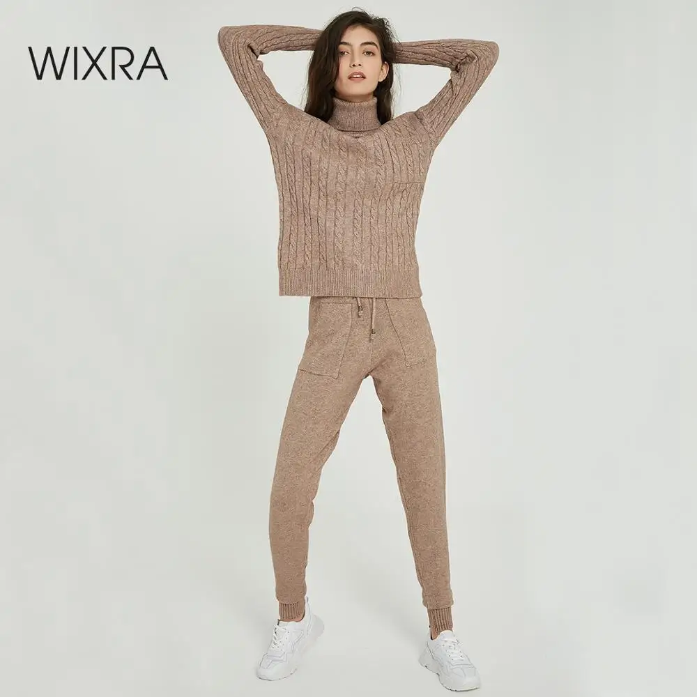 

Wixra Women Sweater Sets Turtleneck Long Sleeve Pocket Sweaters Tops+Knit Long Pants Solid 2 Pieces Suits Autumn Winter