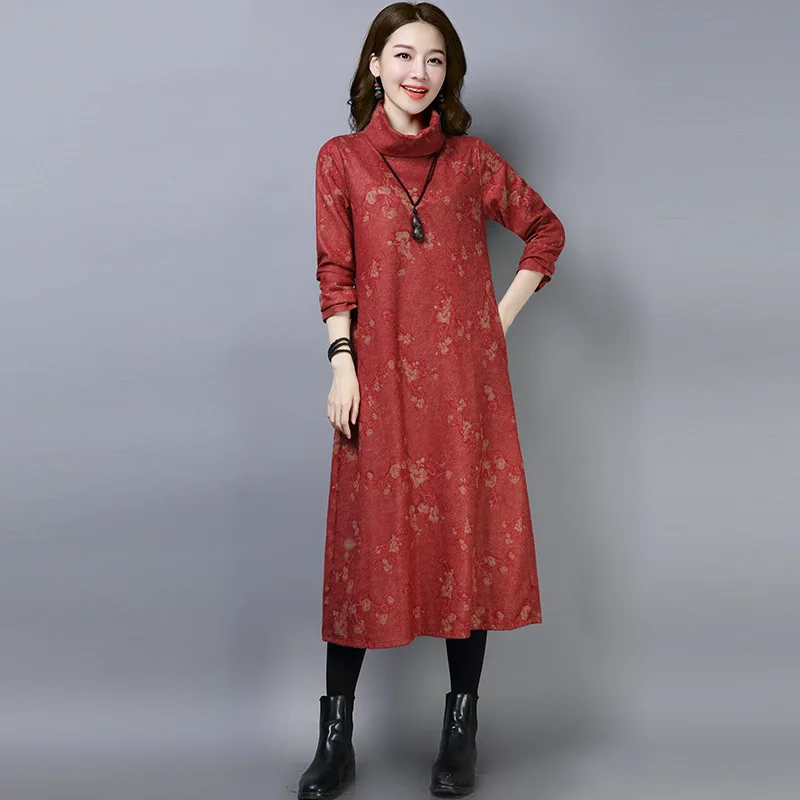 

2019 Autumn And Winter New Style Retro Loose And Plus-sized WOMEN'S Dress Wool Long-sleeved Dress Women's Elegant High Collar Lo