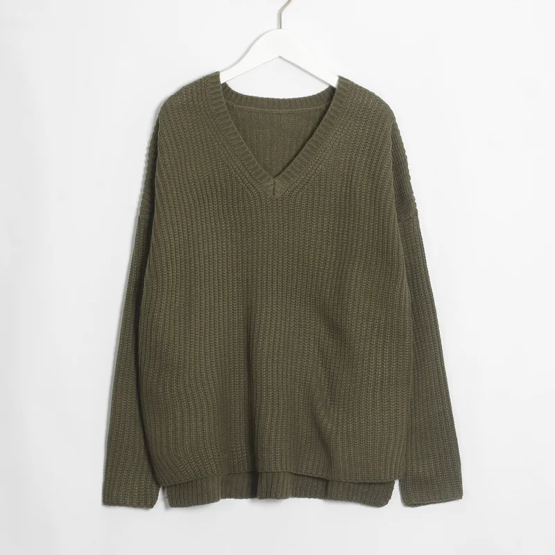 Wixra, женский свитер, вязаный, длинный рукав, однотонный, Повседневный, пуловер, Осень-зима, v-образный вырез, свободный, женский свитер, модная женская одежда - Цвет: Army Green