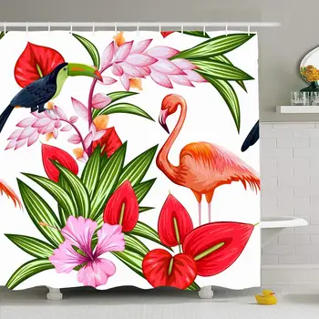 

Shower Curtain Set with Hooks 60x72 Editable Pattern with Exotic Bloom Tropical Flower Garden Forest Creative Fauna Nature