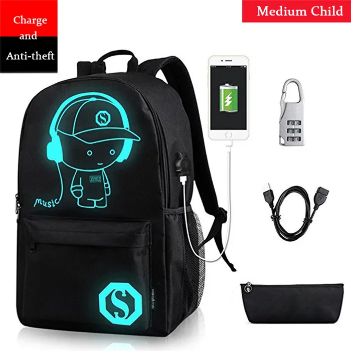 USB medium child Анти-Вор сумки ночной Светящийся рюкзак школьные ранцы для мальчиков и девочек школьные сумки для подростков студентов Печать школьный рюкзак - Цвет: USB medium child