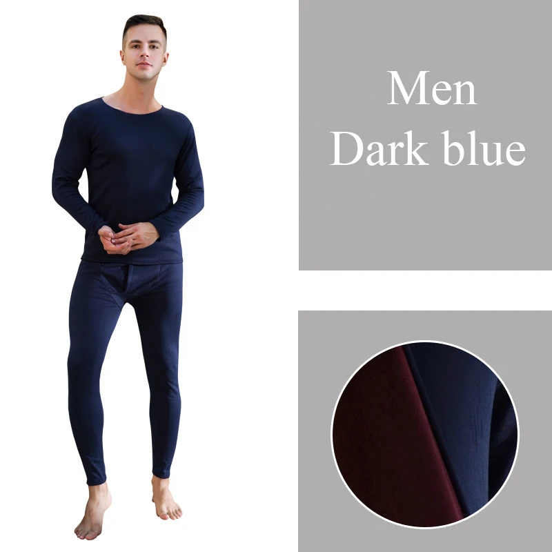 Men dark blue Горячая Распродажа, новинка, термо белье, термобелье, мужские кальсоны, мужские, Осень-зима, рубашка+ штаны, комплекты, теплые, плотные, плюс бархат, размер L-XXXL - Цвет: Men dark blue