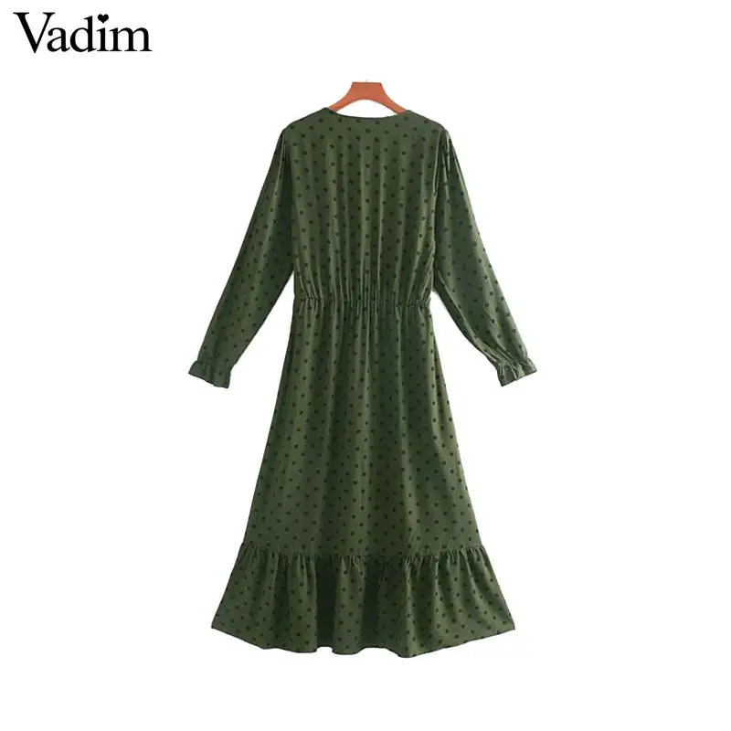 Женское элегантное платье vadim зеленый горошек платье Длинные рукава пуговицы с эластичной талией, женские, Повседневные Удобные ботинки до середины икры для женщин vestidos QC831