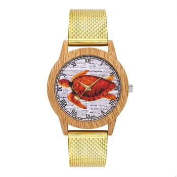 

Fashion Ladies Quartz Watch Golden Silicone Strap Cartoon Tortoise Pattern Imitation Wood Alloy Dial Watches For Women Gift Mens