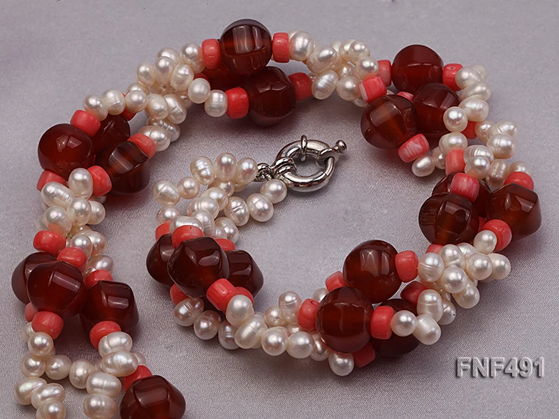 JYX три нити белый пресноводный жемчуг ожерелье в горошек с Красный агатовый бисер и розовый коралл прекрасные драгоценные бусы заводская цена