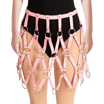 

Women Faux Leather Link Chains Mini Skirts Goth Punk Metal O Rings Hollow Out Skirts Adjustable Party Club Festival Rave Skirt