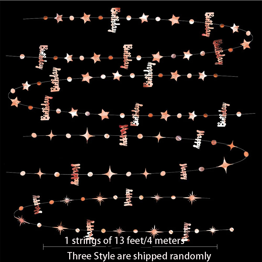 Rose Gold Happy Birthday Garlands Decorations Paper Circle Dots Star Hanging Streamer for 1st 16th 21st 30th 50th 70th Birthday