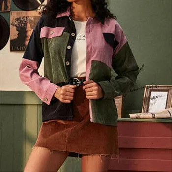 

Autumn Corduroy Shirt Coat Women Popular Long Sleeve Turn Down Collar Short Jacket Patchwork Top Single Breasted Clothes Casual