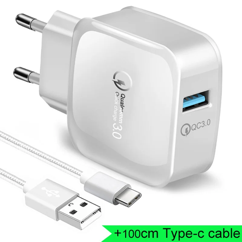 USB зарядное устройство 18 Вт Быстрая зарядка QC 3,0 USB Сетевое зарядное устройство для телефона Универсальный Быстрый Кабель-адаптер для iPhone 6 7 8 X Xs MAX samsung xiaomi - Тип штекера: with Type C cable