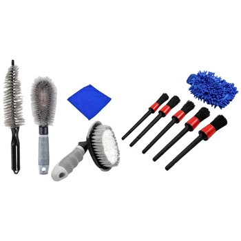 

4 Pack Car Motorcycle Bicycle Tire Brush & 6Pcs Car Detailing Detail Brush Kit Car Wash Mitt Boar Hair Brushes
