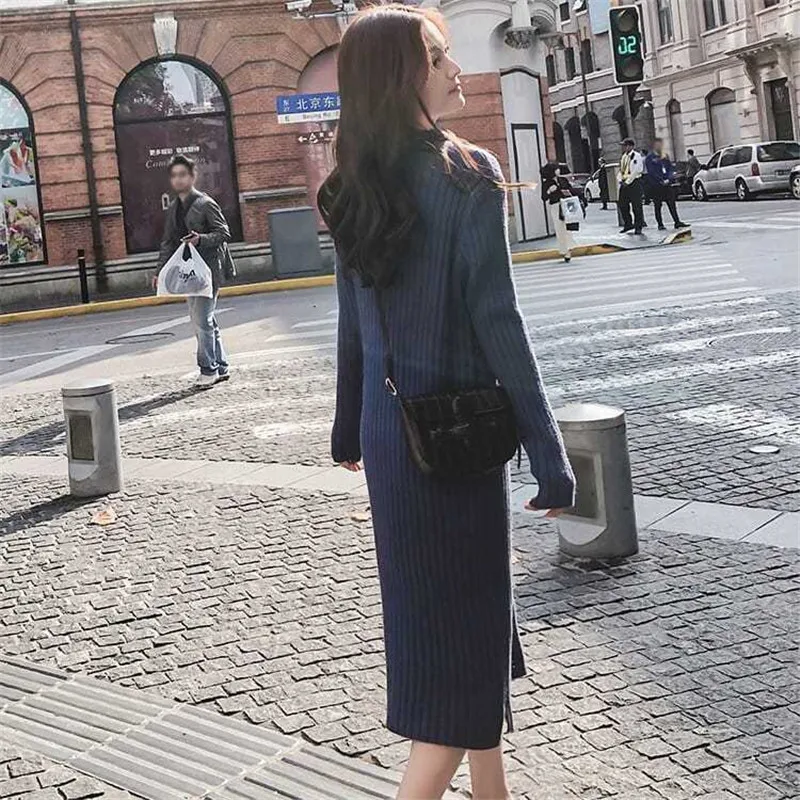 Basic Turtleneck Straight Knitted Dress Women 2019 Casual Fashion Elasticity Maxi Split Party Dress Winter Warm Sweater Vestito