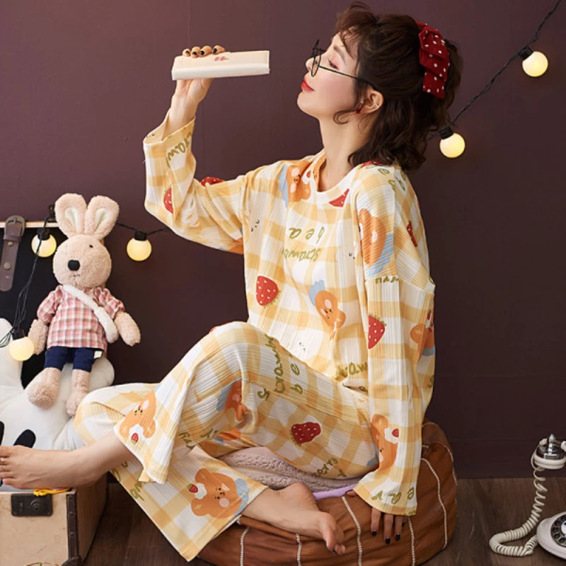 

2020 caiyier pajamas women's autumn new cotton long-sleeved trousers ladies pajamas set Korean version of outgoing home wears