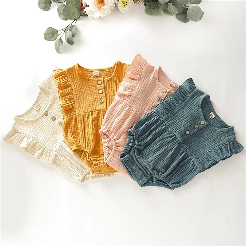 Cute Newborn Kid Baby Girl Clothes Sleeveless Romper Solid Soft Dress Cotton Linen Outfit Baby Outfit Summer Clothing Set