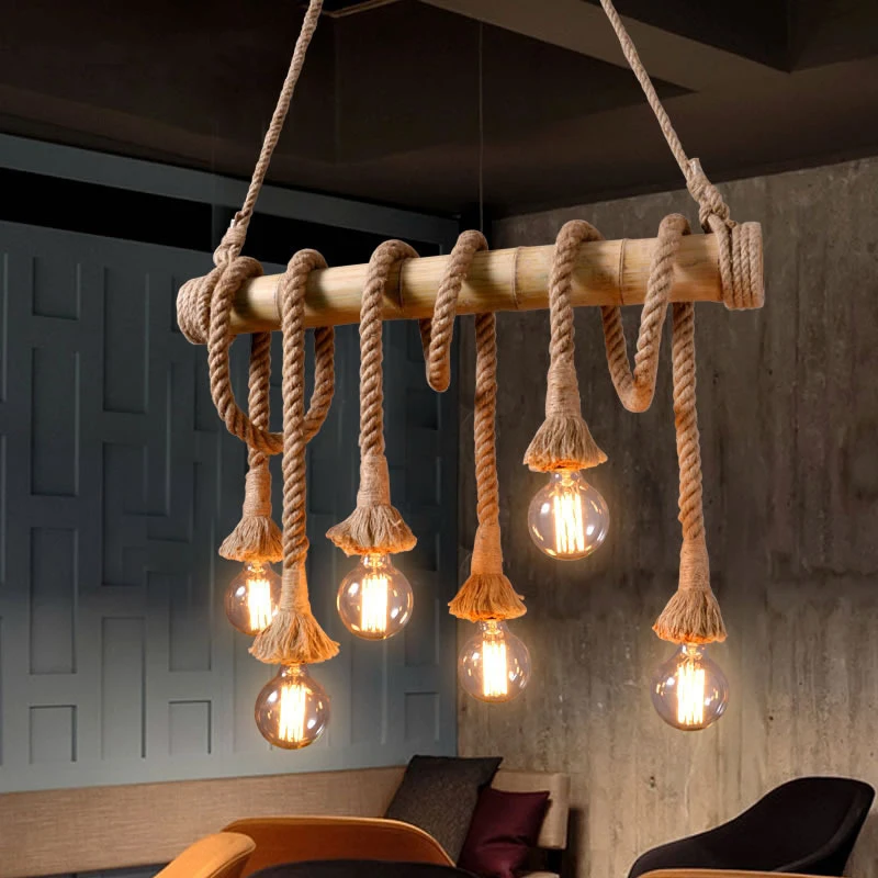 Ретро Промышленность бамбуковая веревка люстра освещение 3-10 головок Винтаж пеньковая трубка кухня подвесной светильник ресторан гостиная одежда